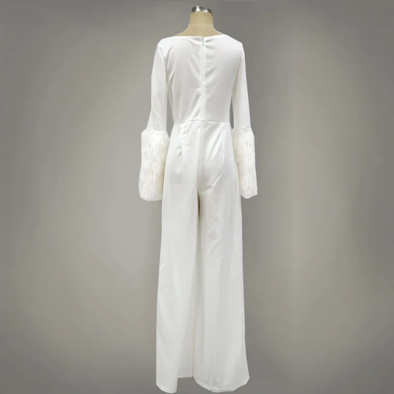 

Z-ZOUX Women Jumpsuit Temperament White Jumpsuit Feathers Stitching Long Sleeve Wide Leg Rompers Womens Jumpsuit Plus Size 2021