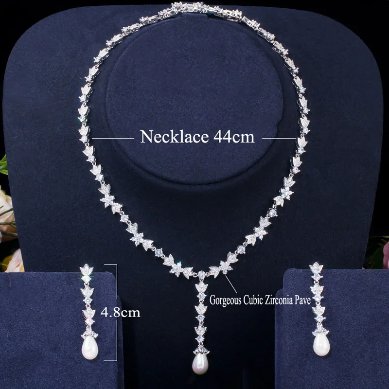 Pera Свадебные Элегантные серьги-капли с белым камнем CZ и жемчугом ожерелья