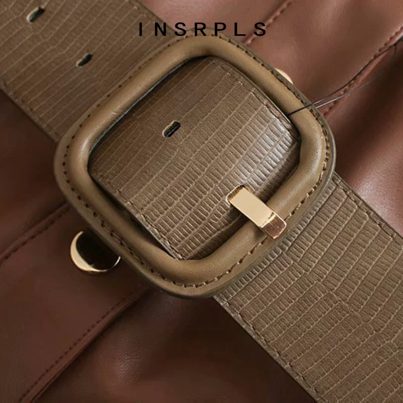 

INSRPLS Women Fashion With Belt Faux Leather Midi Dress Vintage Puff Sleeve Snap-button Female Dresses Vestidos Mujer