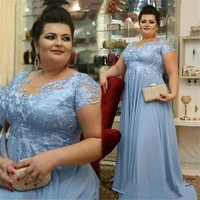 light sky blue chiffon mother of the bride dress capped sleeve evening gowns custom made lace empire waist arabic mothers dress