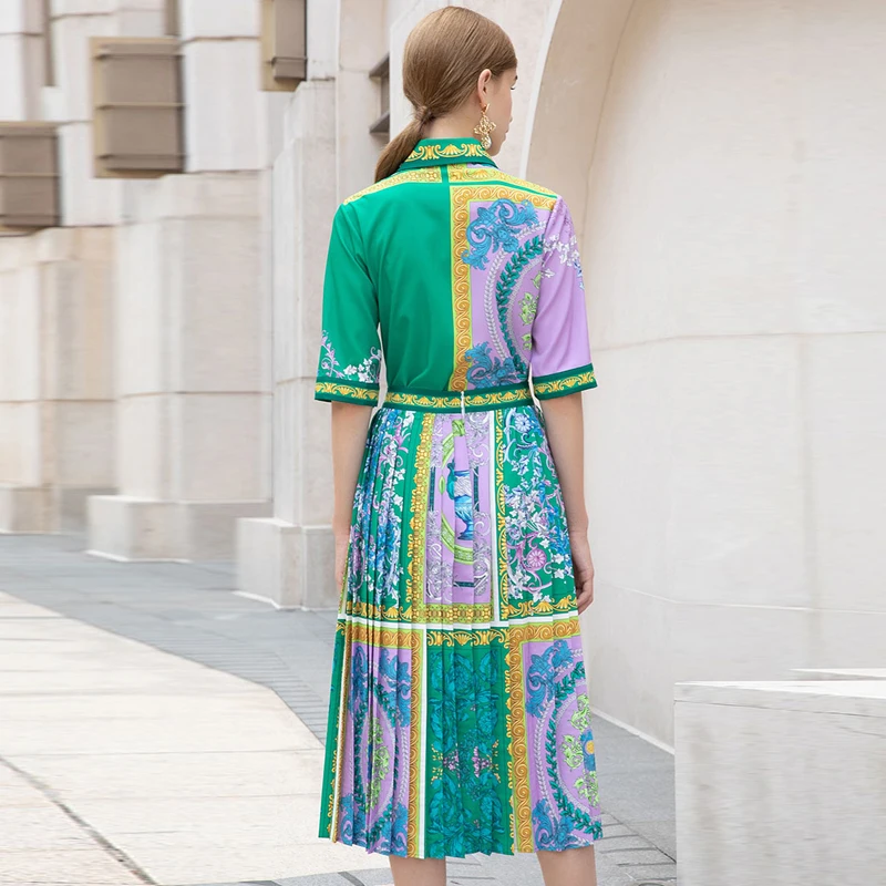 

AELESEEN Runway Fashion 2 Pieces Sets High Quality Half Sleeve Beading Sequined Blouse+Midi Pleated Skirts Flower Print Sets