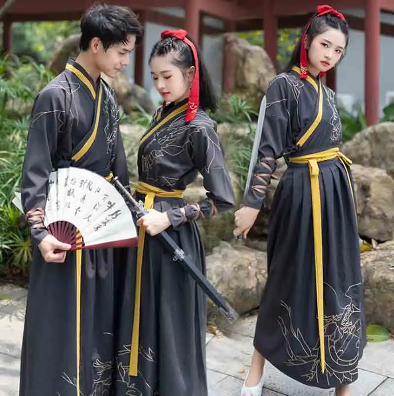 Hanfu черное винтажное платье большого размера 4XL для мужчин и женщин Китайская