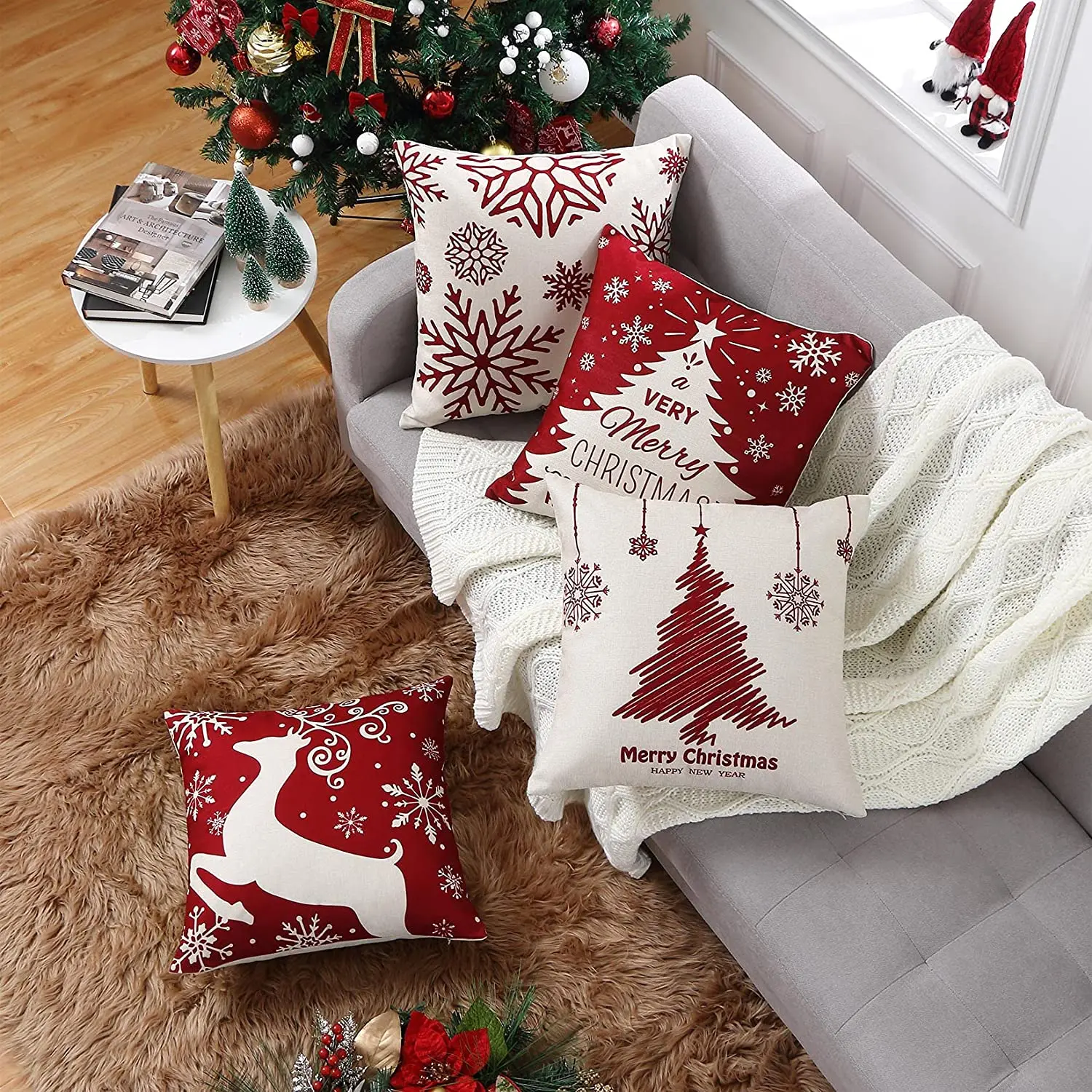 

Christmas Cushion Cover Decoration Farmhouse Red Letter Elk Pillowcase 18x18 New Year Pillowcase Suitable for Living Room
