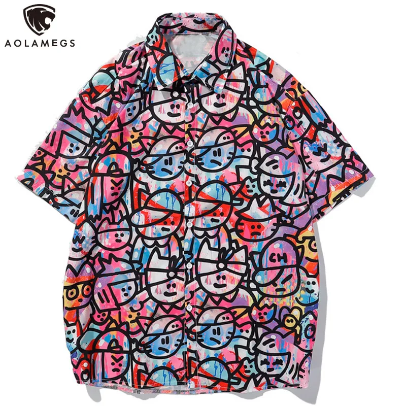 

Aolamegs Summer Shirts Men Casual Funny Graffiti Short Sleeve Shirts For Men Holiday Beach Harajuku Streetwear Cozy Men Clothing