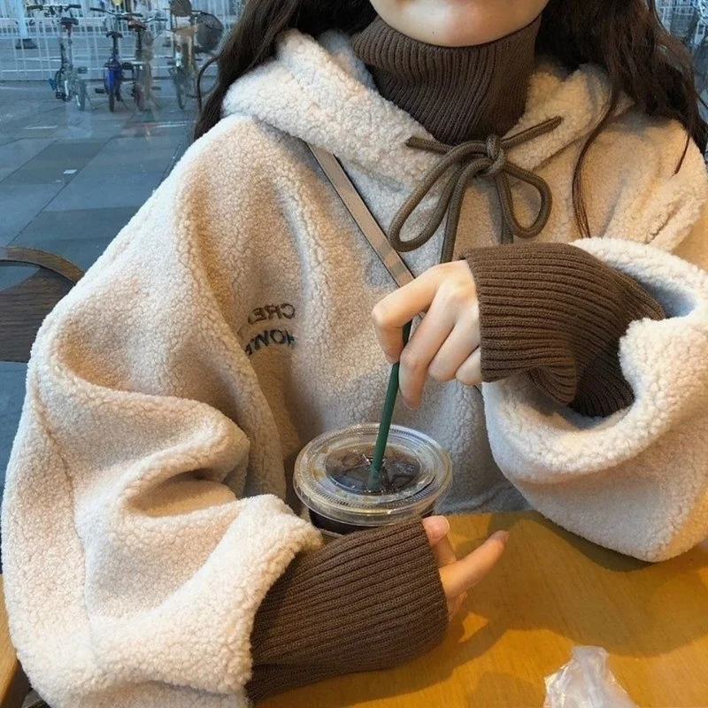 Lamb Wool Plush Thickened Fake Two-piece Sweater Women's Tide Hooded Loose Warm Student Coat  Hoodie  Sweatshirt Women