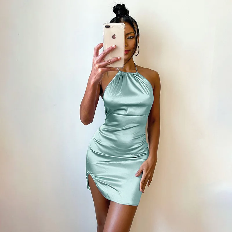 

Elegant Halter Silky Satin Mini Dress for Women Fashion Outfits Club Party Sleeveless Bodycon Dresses Slip Clothes