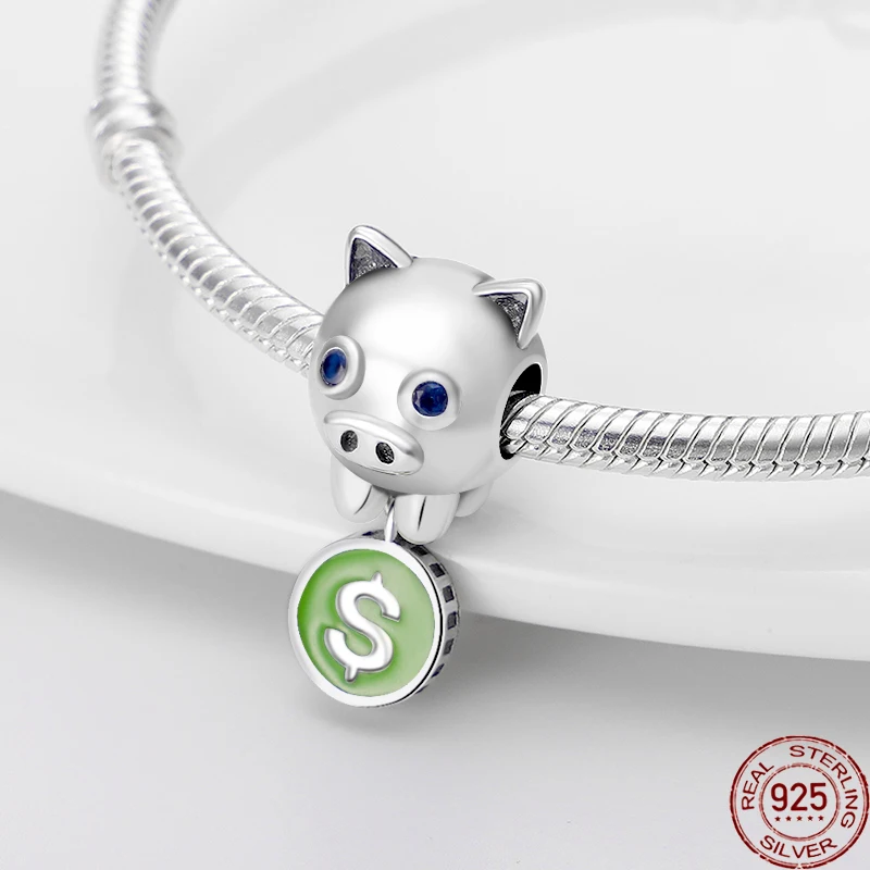 

100% Real Silver Color Gold Coin Pig Charms beads Fit Original pandora Bracelet&Bangle Making Fashion DIY Jewelry Gift