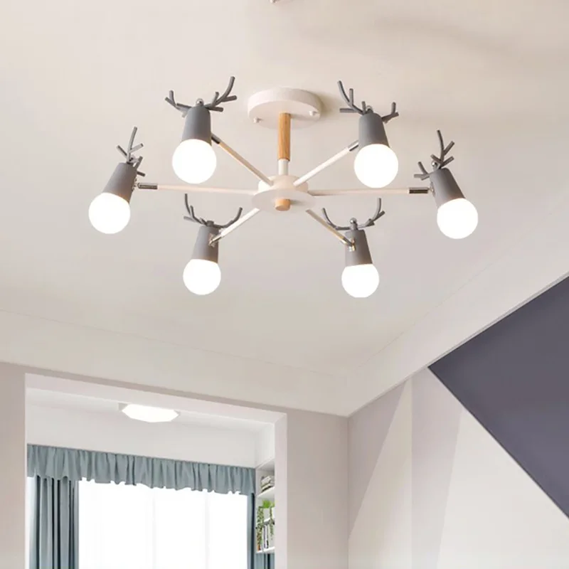 Contracted Macaron Chandelier Nordic Modern Solid Wood Deer Head Light Living Room Bedroom Creative Personality Hanging | Освещение