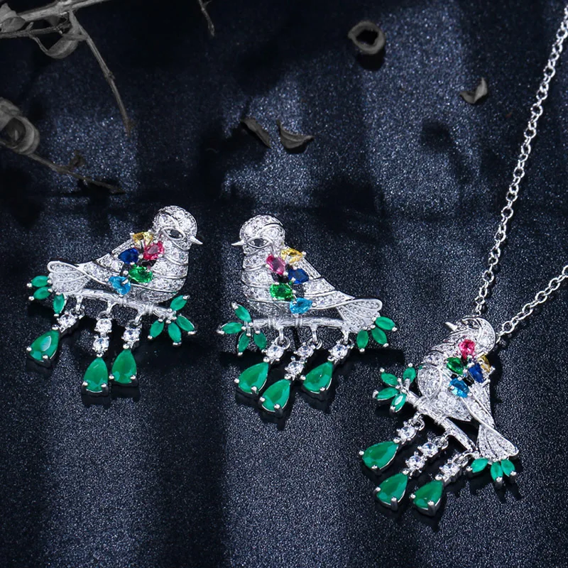 

Fashion Creative Personality Bird Tassel Earrings Necklace Microinset Cubic Zirconia Jewelry Set Women's day Party Accessories