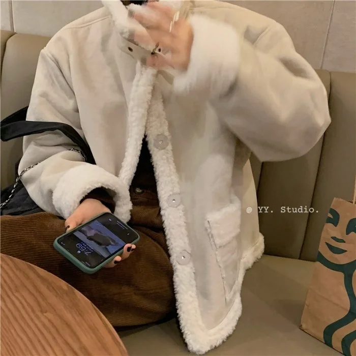 

Утолщенная меховая цельная мотоциклетная одежда, хлопковая одежда, зимняя теплая свободная одежда из овечьей шерсти, хлопковое пальто, жен...