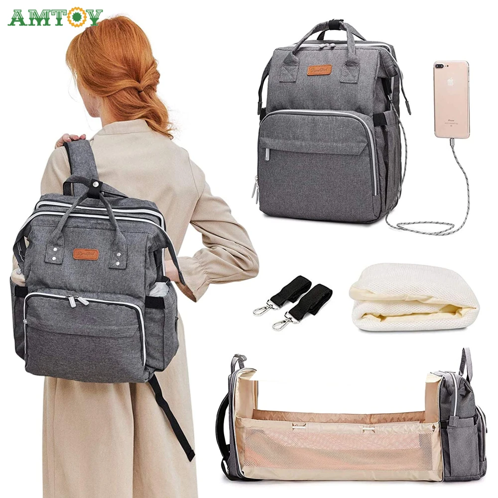 

Diaper Bag Backpack Travel Foldable Baby Bed Portable Sleeping Mummy Bag Large Capacity Baby Bassinet with USB Charging Port