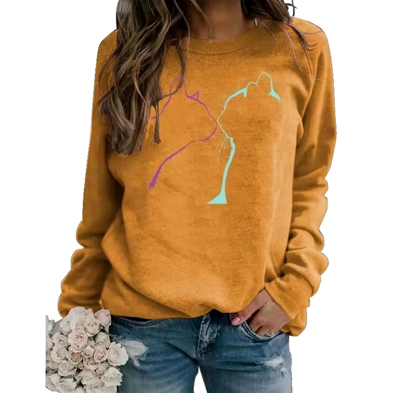 

Women Hoodie Cat Kiss Print Tops Casual Clothing O Neck Long Sleeve Sweatshirt Pullover Bottoming
