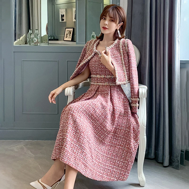 CHICEVER корейский твидовый комплект из двух предметов для женщин О образный вырез