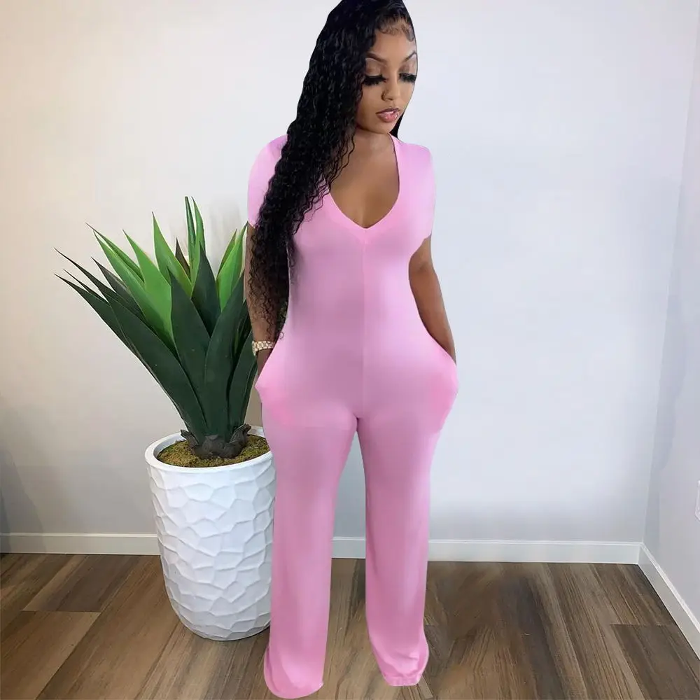 

European Beauty Casual Jumpsuit Wide Leg Pants Deep V Short Sleeve Jumpsuit Loose Pants
