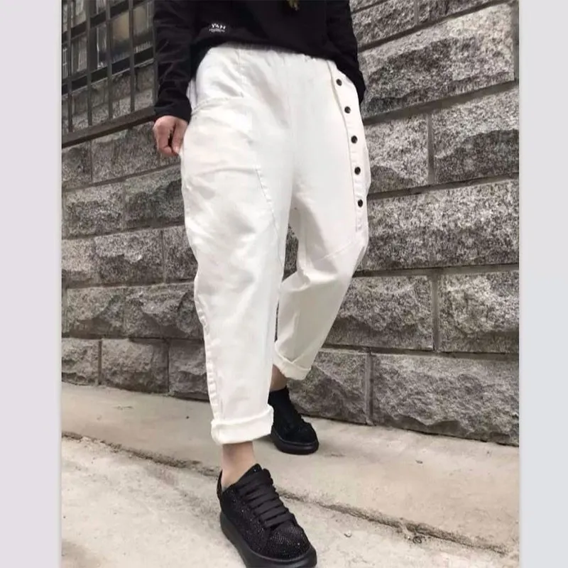 

New Arrival 2021 Spring Arts Style Women Elastic Waist Loose Black Pants All-matched Casual Cotton Harem Pants Plus Size