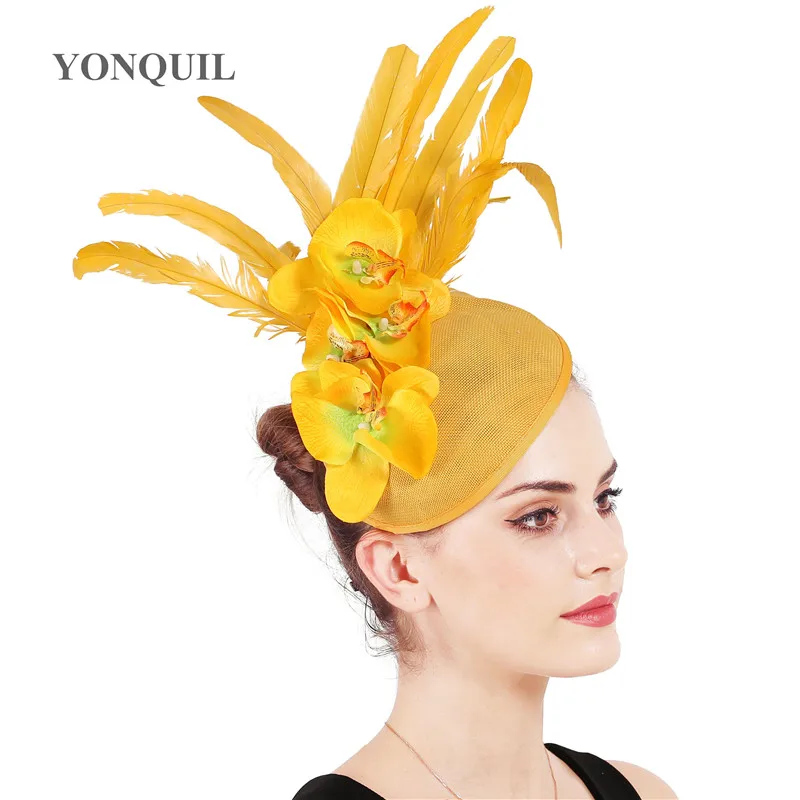 

New Yellow Fascinators Floral Hats Fashion Women Wedding Derby Millinery Hat Feathers Chic Accessories Party Dinner Headpiece