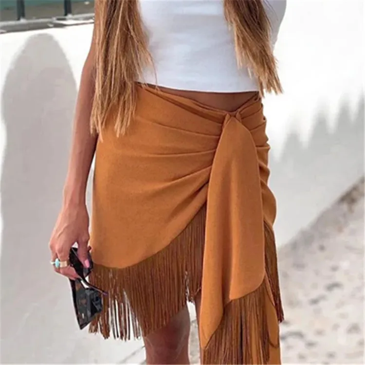 

vintage style solid color front bowknot tassels mini skirt women skirt