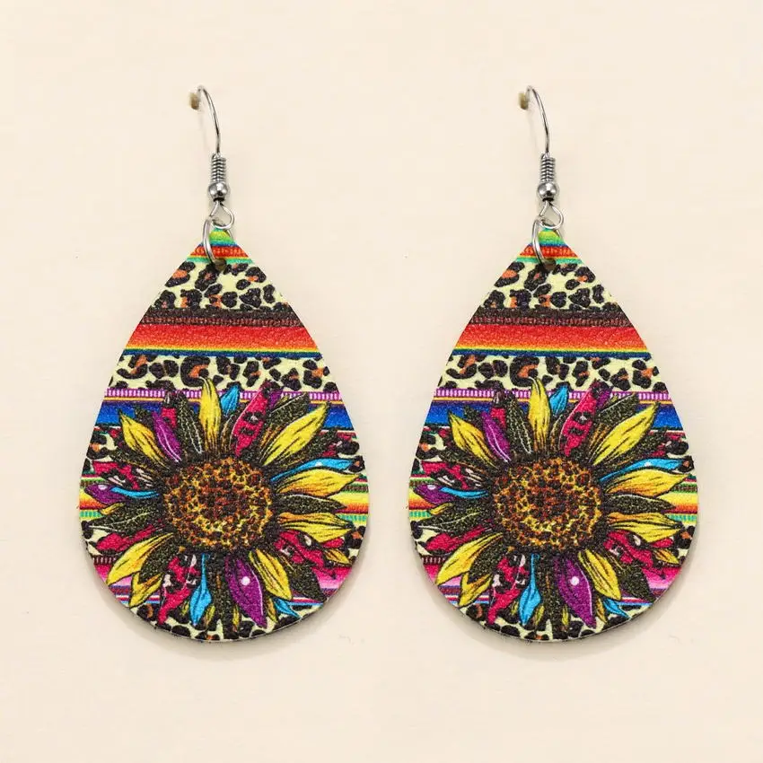 

Rainbow Stripe Leopard Teardrop Colorful Sunflower Earrings for Women Vegan Leather Teardrop Statement Earrings Jewelry Gifts