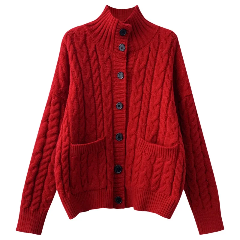 

Turtleneck Twisted Knitted Women Sweater Cardigan Solid Long-Sleeved Loose Thicken Warm Female Outwear Coats Tops