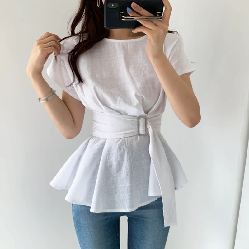 

White Casual Shirts For Women O Neck Short Sleeve Patchwork Slim Pullover Blouses Females Summer Clothing 2021 New Style