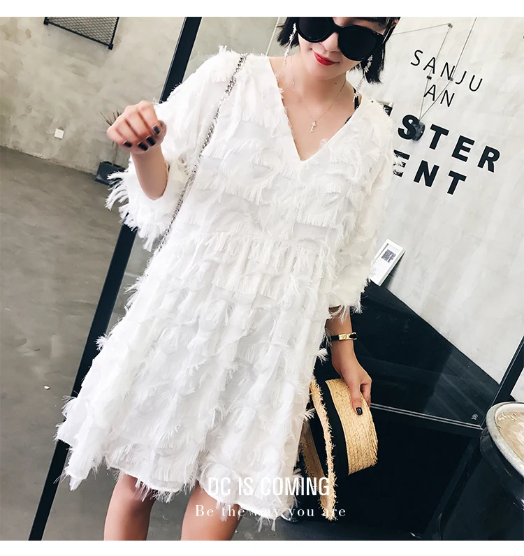2019 весеннее платье с высокой талией Женская туника перьями кисточками v-образным