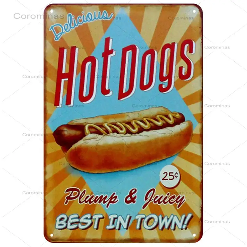 Хот догов доска Металл Винтаж жестяная вывеска в стиле пин ап потертый Декор