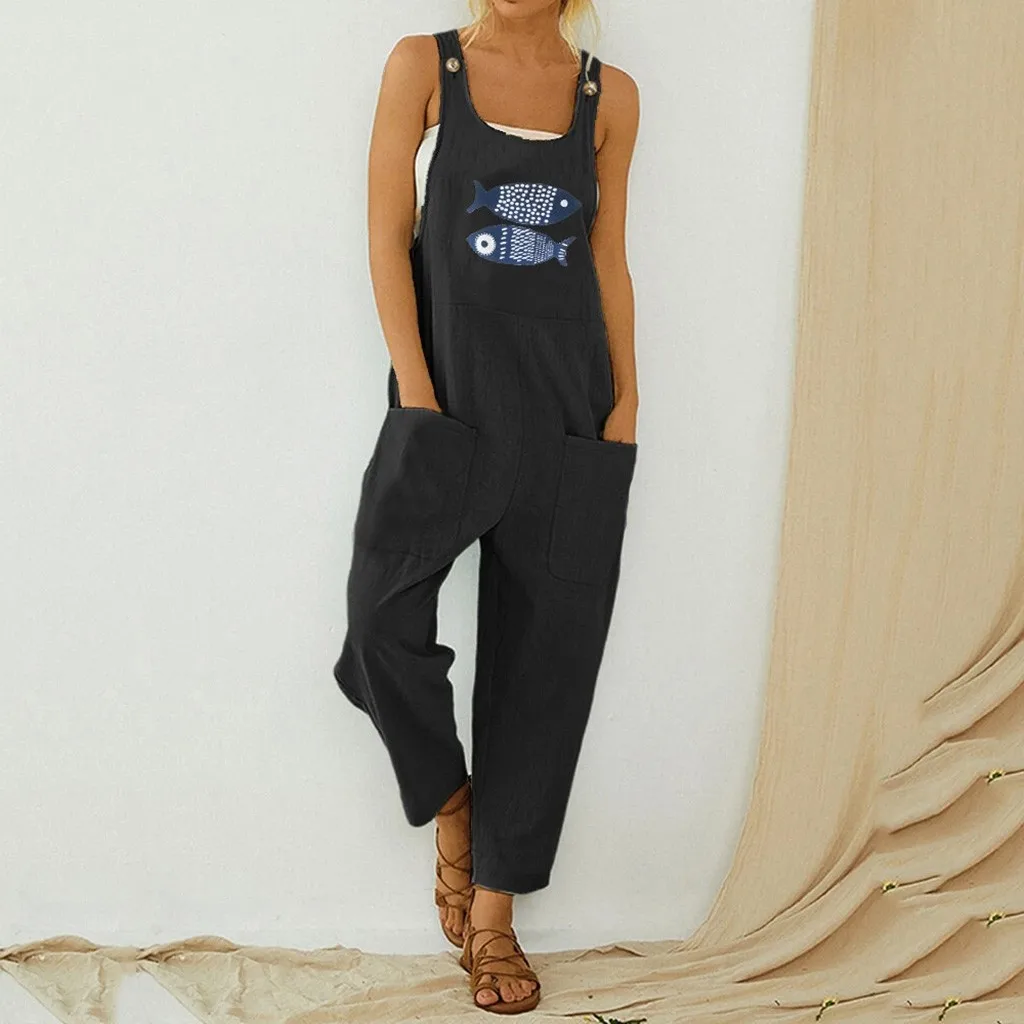 

30h Women Jump Suit Casual Boho Fish Print Oversized Bodysuit Pocket Romper Long Playsuit Strap Button Jumpsuit Dropshipping