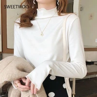 women half high collar t shirts long sleeved casual solid basic cropped tops female loose slim basic t shirts spring and autum
