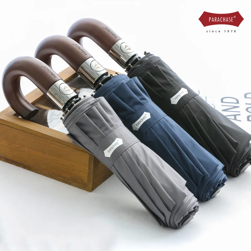 Offerte Ombrello Pieghevole Automatico Uomo Donna 10K Ombrelli Da Pioggia Antivento Resistenti Anti UV Protezione Solare Manico In Legno Paraguas