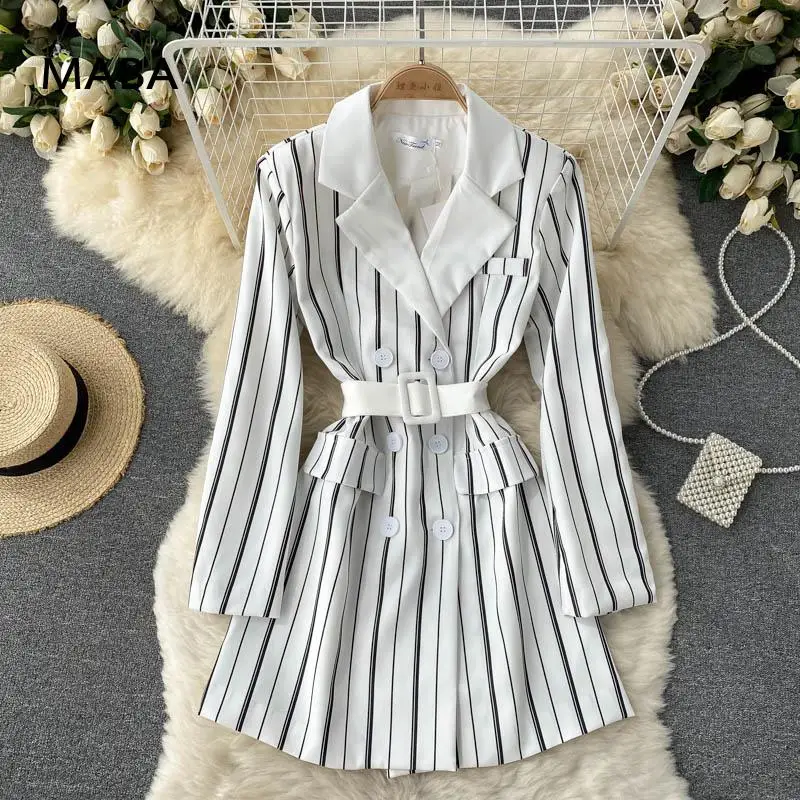 

2021 Fall New Dress Suit Jacket Women Dress Notched Collar Striped Double Breasted Suit Dress Elegant Office Lady Dress Vestidos