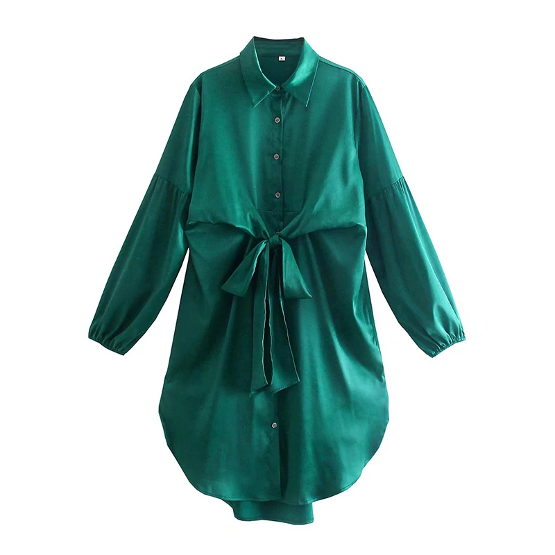 

YENKYE Autumn Women Vintage Green Satin Shirt Dress Female Long Sleeve Lace Up Casual Loose Dress Ladies Knee Length Vestido