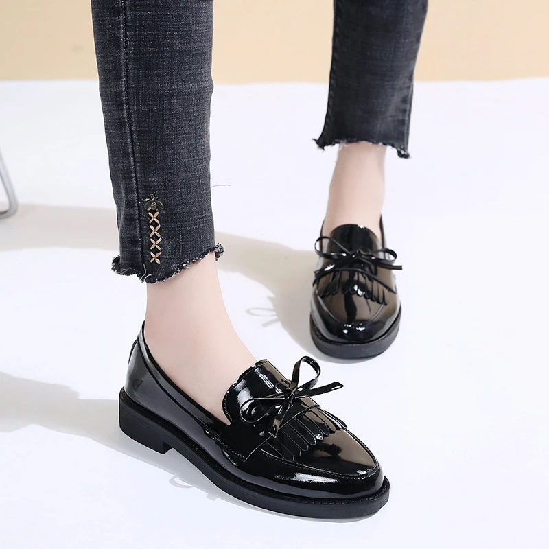 Spring Autumn Women Oxford Shoes Pointed Toe Office Work Patent Leather Dress Low Heels Brogue Black N7826 | Обувь
