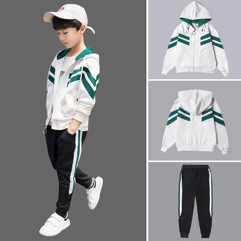 Spring Autumn Casual Teenage Boys Sport Wear 3 Piece Sets Hooded Striped Jackets+Pullovers+Sweatpants Kids Tracksuit 4-15T | Детская
