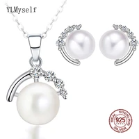 real 925 silver necklace earrings set with natural freshwater pearl zircon luxury 2pcs fine jewelry for women