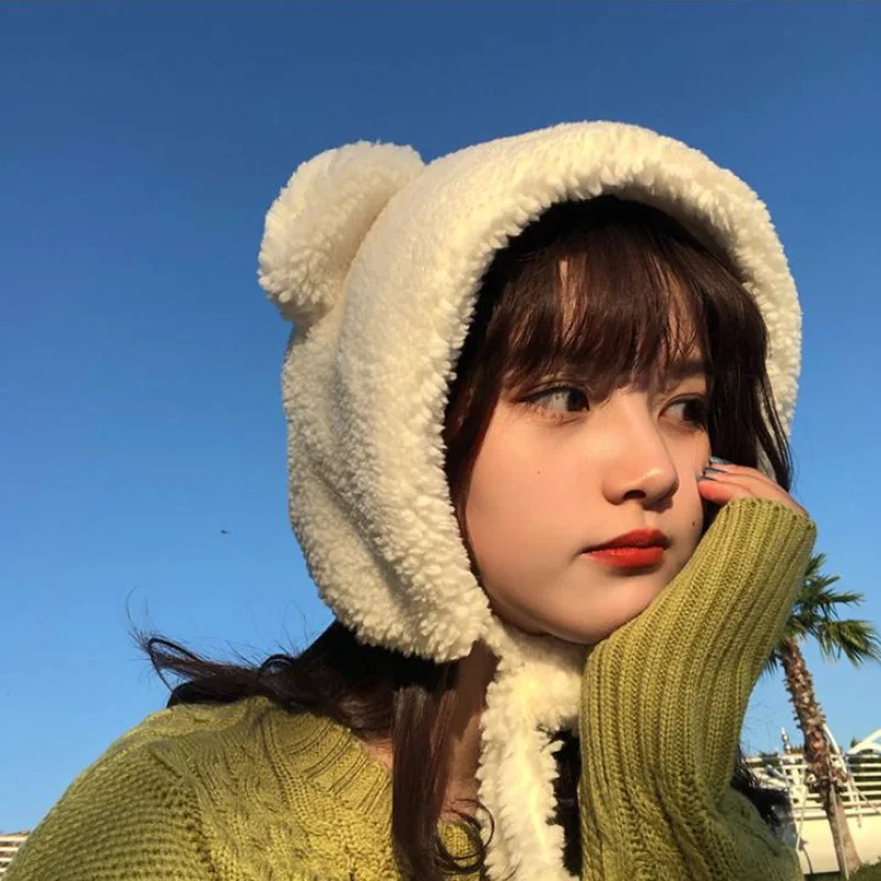 

Winter Cute Bear Ears Warm Hat Women Beanies Windproof Cap Student Women Add Wool Cap Female Hat Present