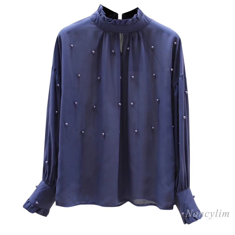 

Stand Collor Blouse for Women 2021 Spring Autumn New Beaded Chiffon Shirt Lady's Long-Sleeved All-Match Tops Blusas Blue