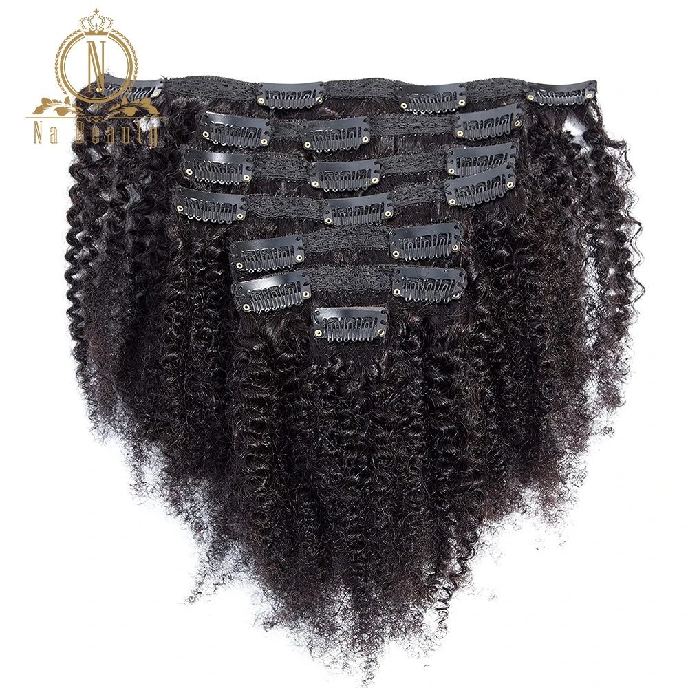 Clips Afro rizados en extensiones de cabello humano brasileño 4B 4C, Color negro Natural, cabeza completa, 8 unids/set/juego, cabello Remy de 120G, Nabeauty