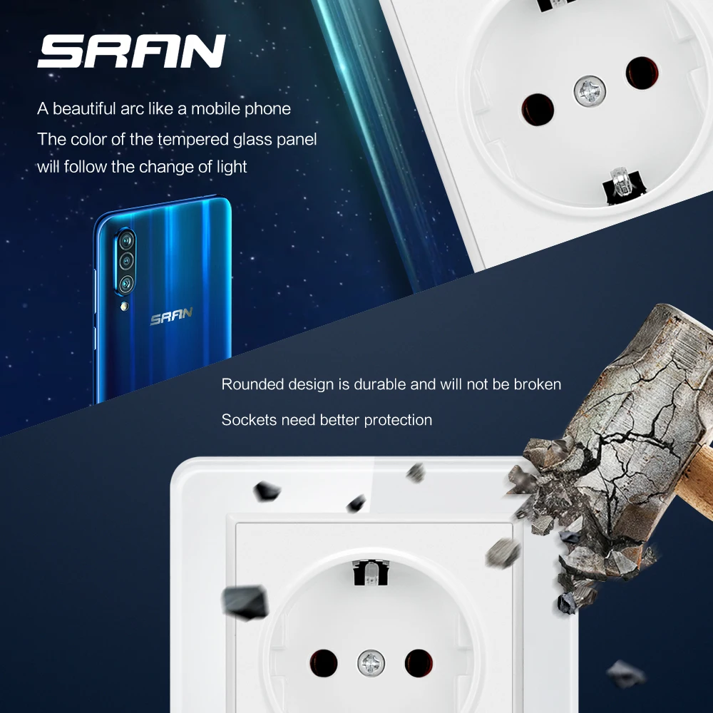 Настенная розетка из закаленного стекла 82 х82 мм 110 250 В 16 А|Электрические розетки| |