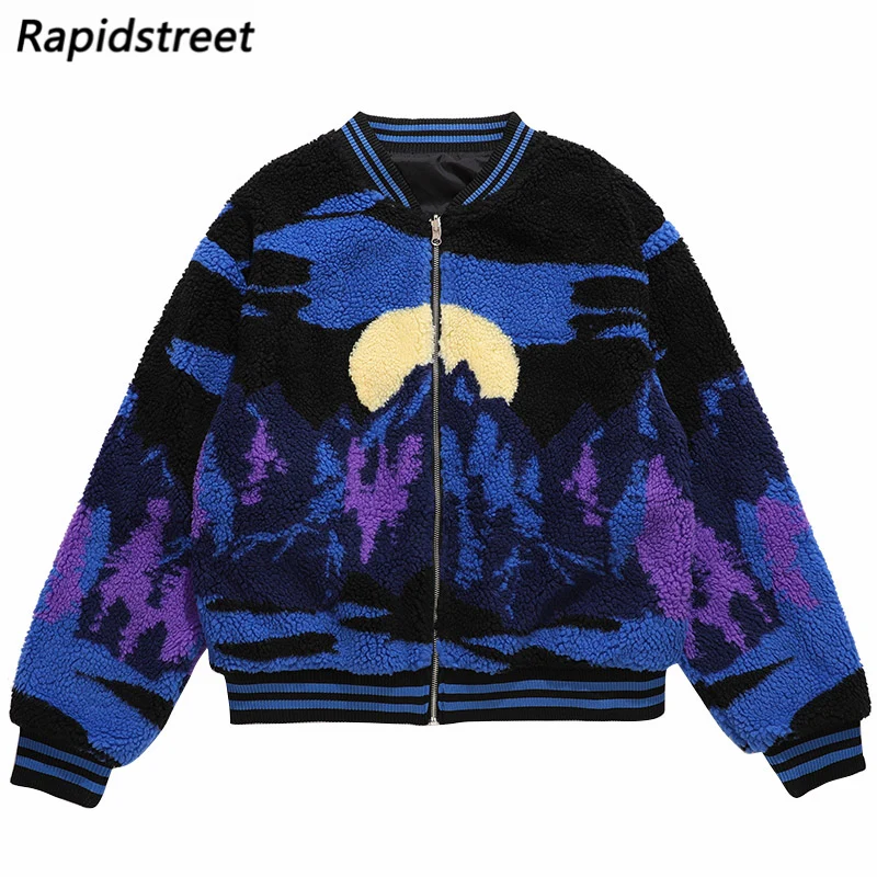 

Двусторонняя куртка в стиле хип-хоп, уличная одежда, пушистая куртка с принтом заката, мужская куртка, хлопковая флисовая куртка-бомбер в ст...