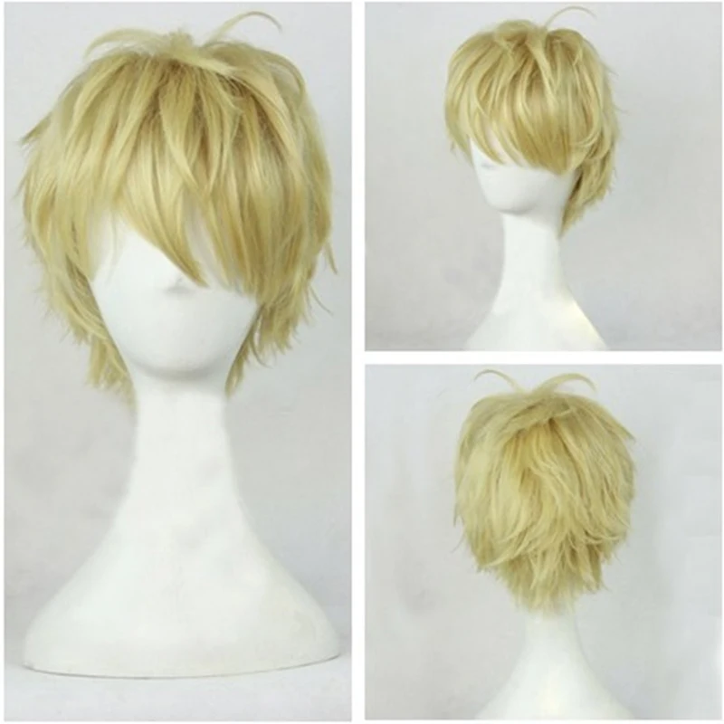 Ouran High School Host Club Tamaki Suou Short Light Golden Cosplay Wig layered synthetic heat resistance full hair + a wig cap