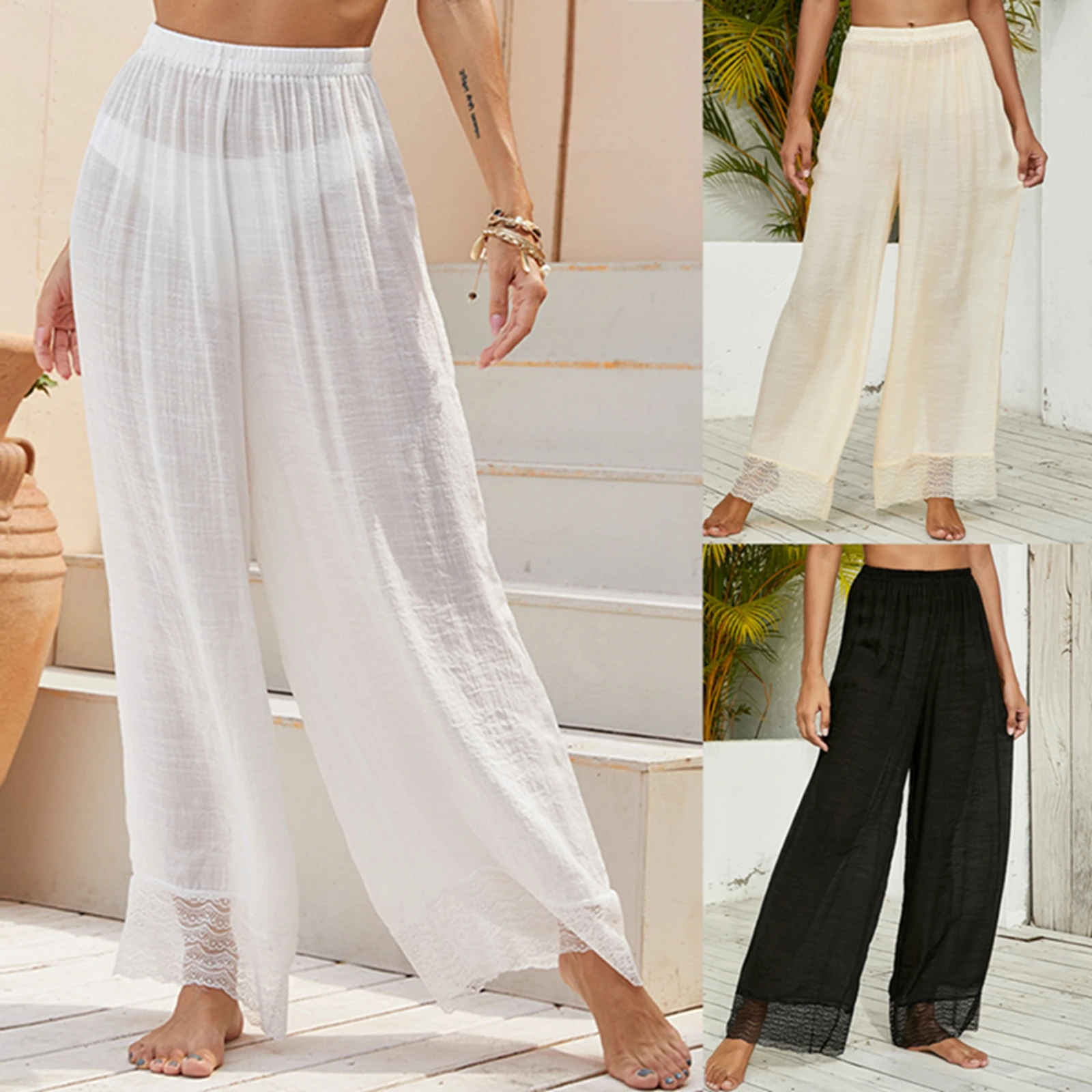 

Women Lace Beach Pants Sunscreen See Through Lace Slimming Casual Party Spring Loose Wide-Leg Trousers