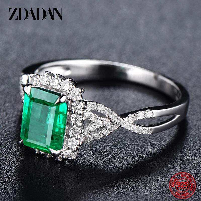 

ZDADAN 925 Sterling Silver Emerald Ring For Women Adjustable Zircon Finger Ring Fashion Wedding Jewelry Gift