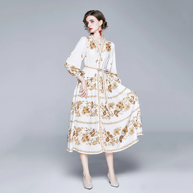 

2020 New Spring Autumn Women Sexy V-Neck Long Sleeve Dress High Quality Retro Flowers Pattern Print Elegant Slim Long Dress