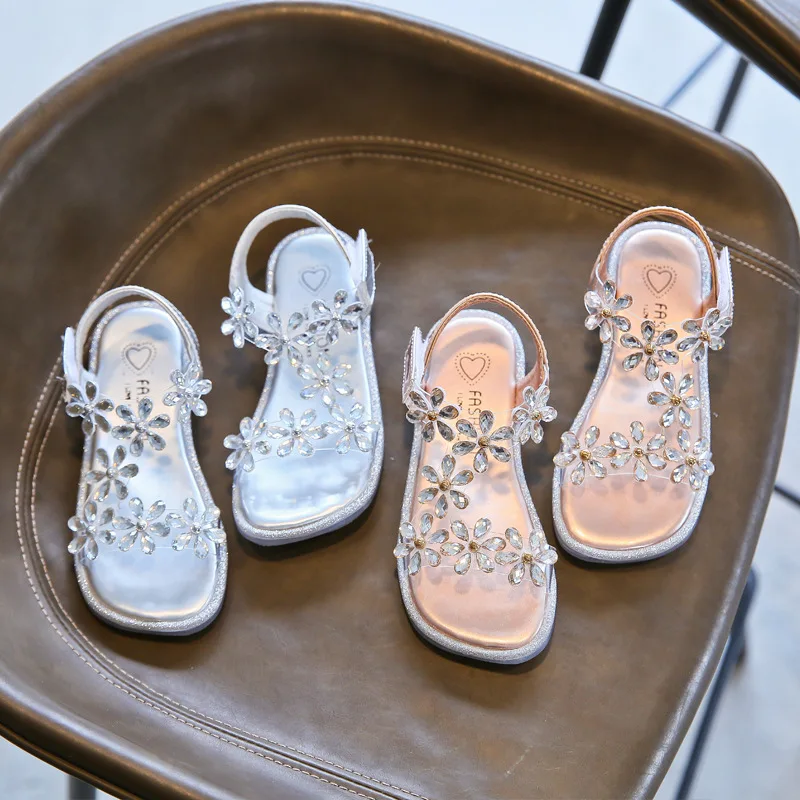 

Stylish Girls Transparent Strap Sandals Diamond Flowers Velcro High Quality Kids Shoes pink sandals sandals for girls kids shoes