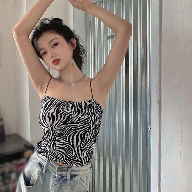 

Women's Crop Top Zebra Pattern Sexy Slim Exposed Navel Camisole Black Sling Clothes