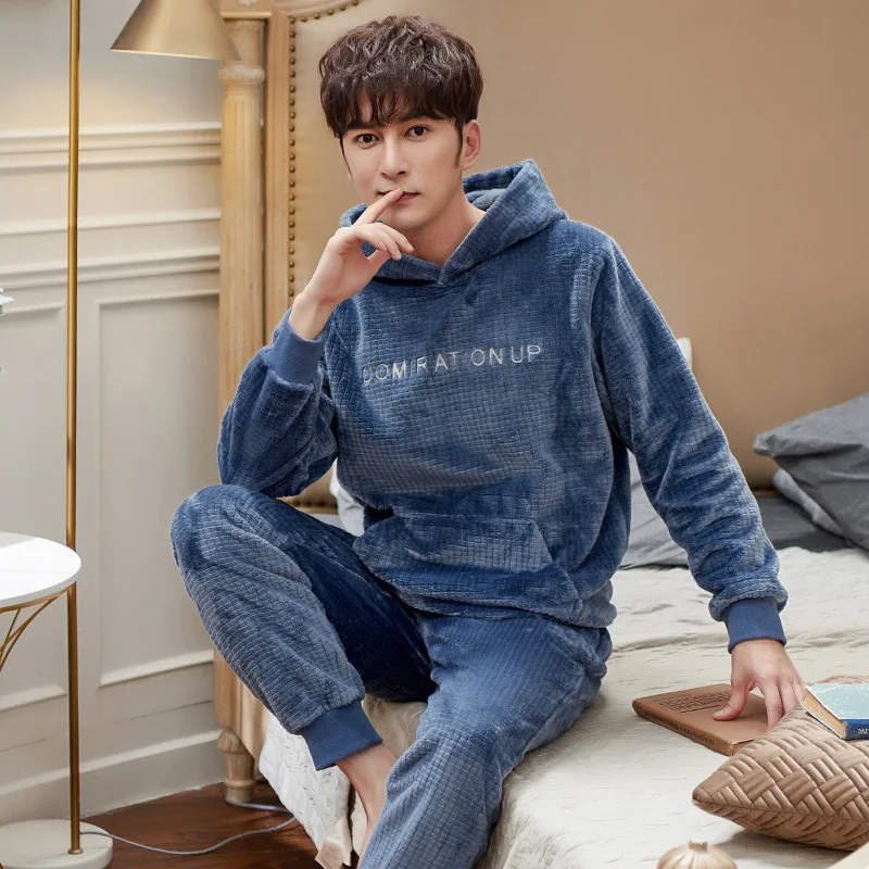 

Flannel Pajamas Men's Long-Sleeved Thickened Fleece Flannel Suit Youth Winter Leisure Tops men's homewear home suit sleepwear