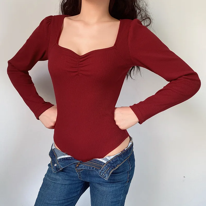 

Spring and Summer 2020 New Solid One-piece Women's French Small Square Collar Retro Long Sleeve T-shirt Women's Slim Bottom
