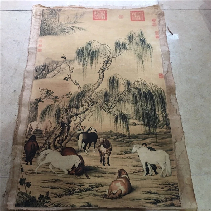 

China Old Scroll Lang Shining's Eight Steeds Painting Slice