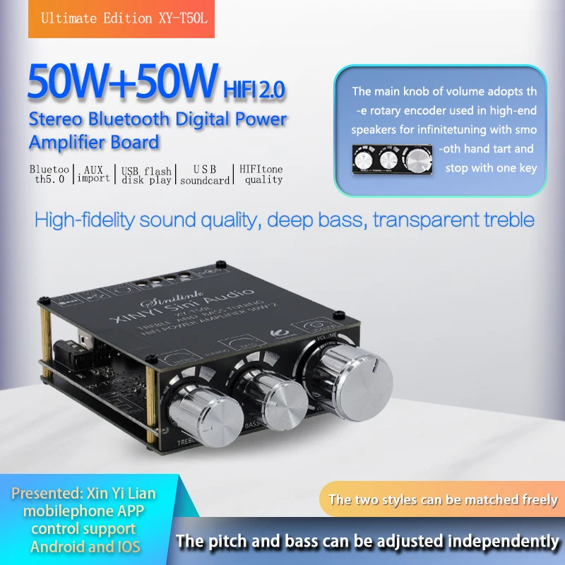 

TPA3116D2 Bluetooth 5.0 HIFI 2.0 Channel Power Audio Stereo Amplifier Board 100WX2 50W+50W TREBLE Bass note tuning AMP T50H 100H