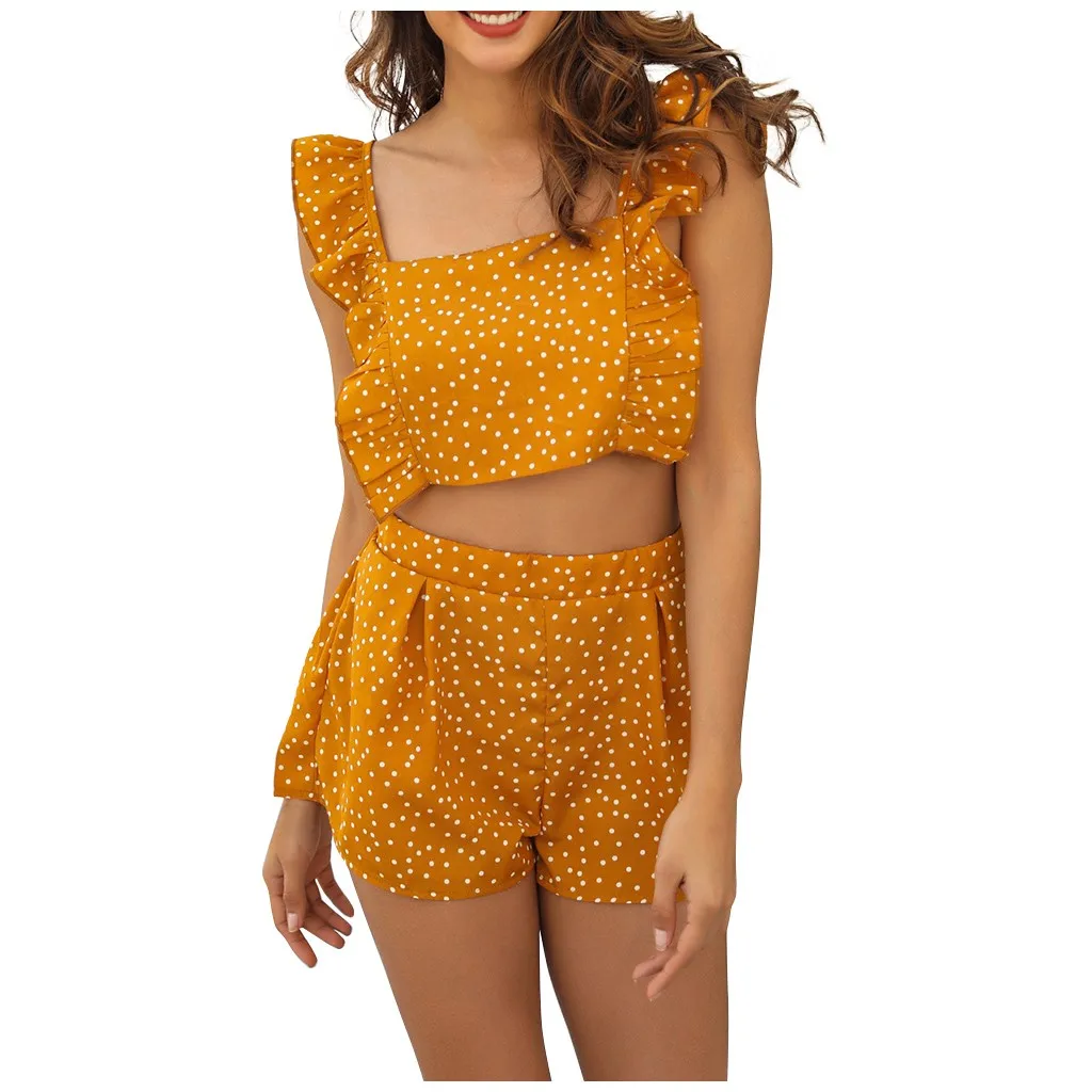 Sagace Set Women Flower Polka Dot Printing Sleeveless Ruffles Short Tops Pants 2PCS Ladies Sweet Black Bandage Soft | Женская одежда